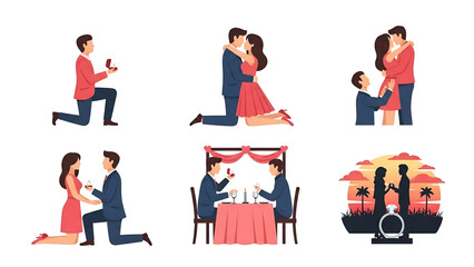 Collection of romantic marriage proposal scenes and engagement moments, capturing the joy and emotion of couples starting a new journey together