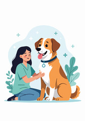 A female veterinarian providing care to a happy dog. Animal health and pet therapy concept. Flat cartoon graphic isolated on a white background