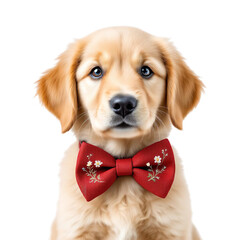 A cute golden retriever puppy wearing a red bow tie on transparent background