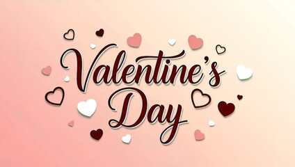 Happy Valentine's Day greeting with elegant cursive typography. Romantic holiday background with scattered pink and red hearts for a celebration
