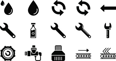 Obraz premium Collection of black silhouette tools and gears on a white background wrenches spanner