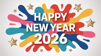 Vibrant 2026 New Year Celebration Design with Colorful Abstract Shapes and Sparkling Stars Perfect for Festive Greetings and Holiday Marketing Materials