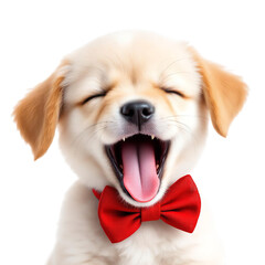 A happy puppy wearing a red bow tie on transparent background