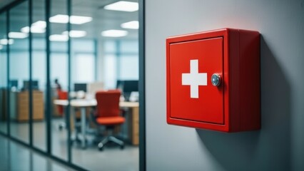 Red first aid box with white cross on office wall.