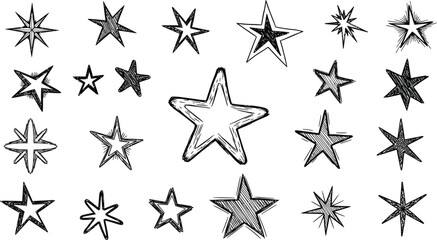 Obraz premium Star doodle icon sparkle sketch set. Hand drawn doodle stars, sparkles in rough line sketch style. Brush drawing sparkle element, shining star shape.