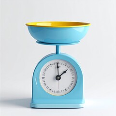 A blue and yellow kitchen scale, close-up, white background