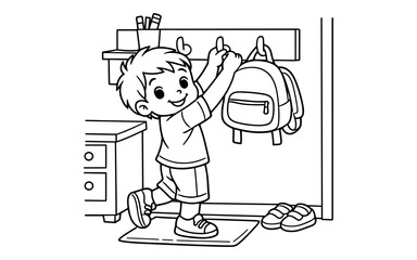Happy boy hanging his backpack on a hook ready for school adventures