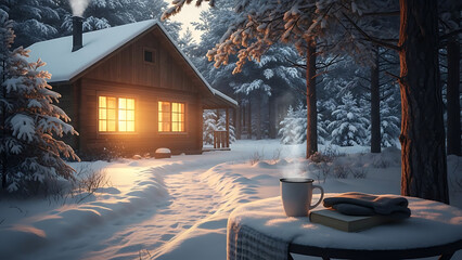 Warm glowing cabin exterior pathway leading to illuminated windows surrounded by deep snow and dark pine forest
