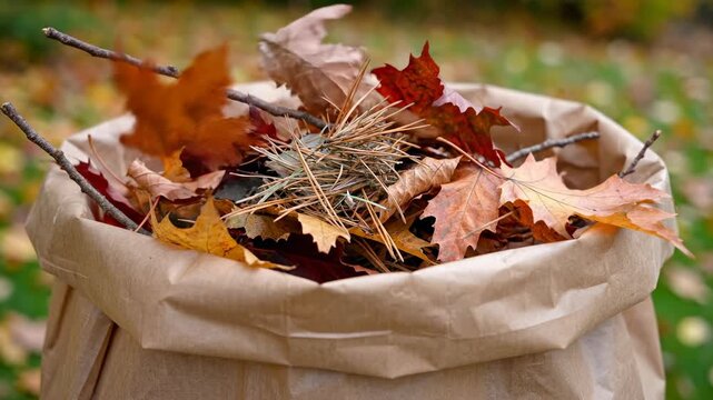 Extreme slow motion close-up shot of dry autumnal leaves, twigs, and natural yard debris falling into an upright brown biodegradable paper collection bag gardening, green living, detail