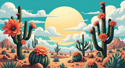 Vibrant desert landscape with blooming saguaro cacti
