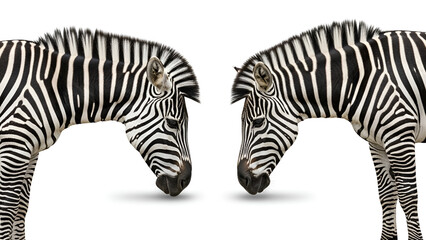 Two zebras facing each other on a white background, showing symmetrical black and white stripe patterns.