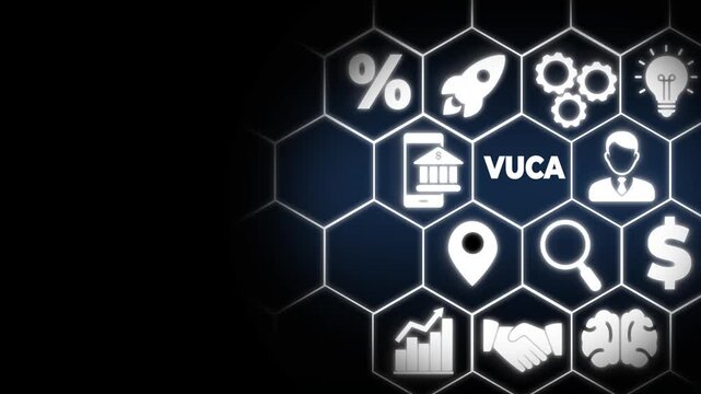 VUCA and strategic management. Smart management for new trend and rapid transition. Touching on VUCA text surrounded by volatility, uncertainty, complexity, ambiguity icons. Background, copy space