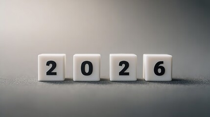 Minimalist New Year 2026 Countdown Tiled Numbers Design on Gray Surface Professionally Rendered for Marketing and Branding Use