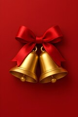 A shiny golden Christmas bell with a red ribbon bow hangs as a festive holiday ornament for a merry December celebration and winter season decor