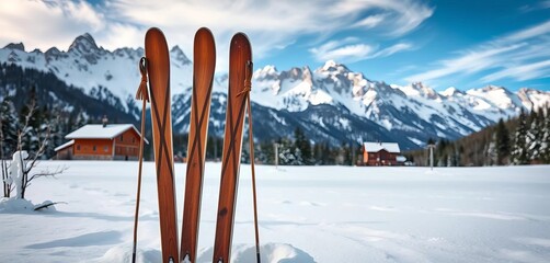 Vintage wooden skis with leather-wrapped poles standing upright in fresh snow, majestic mountains rising in the natural, rustic winter backdrop,  outdoor,  vintage skis