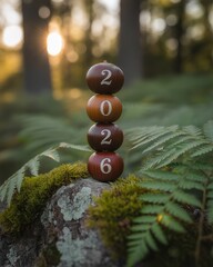 New Year 2026 Celebration with Stacked Wooden Balls on Mossy Rock in a Sunlit Forest Setting