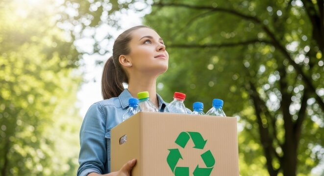 Woman holding recycling box with plastic bottles