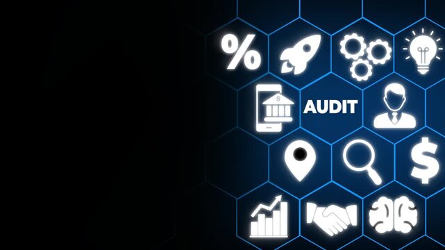 Audit business concept. Examination and evaluation of the financial statement of an organization; income statement, balance sheet, cash flow statement. Businessman touching on audit,