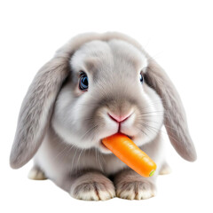 A cute white rabbit holding a carrot in its mouth on transparent background