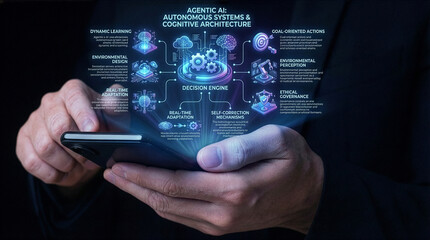 Businessman interacting with ai hologram in office, Concept of artificial intelligence, chatbot, virtual assistant, and generative AI technology.