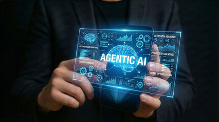 Businessman interacting with ai hologram in office, Concept of artificial intelligence, chatbot, virtual assistant, and generative AI technology.