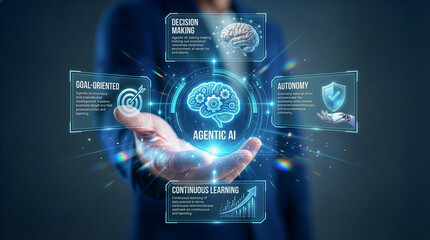 Businessman interacting with ai hologram in office, Concept of artificial intelligence, chatbot, virtual assistant, and generative AI technology.