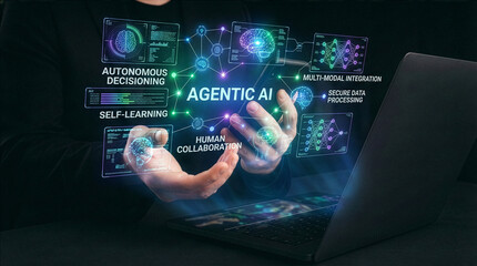 Businessman interacting with ai hologram in office, Concept of artificial intelligence, chatbot, virtual assistant, and generative AI technology.