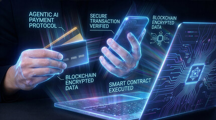 Businessman interacting with ai hologram in office, Concept of artificial intelligence, chatbot, virtual assistant, and generative AI technology.