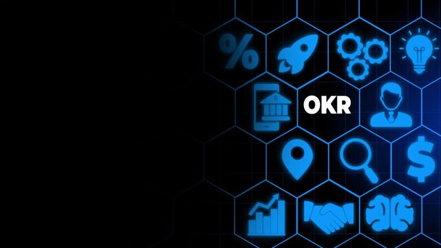 OKR text (Objectives, Key and Results) Touching on OKR with business goal, process, outcome. Focused on common goals. Achieve business growth by flexible management.