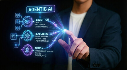 Businessman interacting with ai hologram in office, Concept of artificial intelligence, chatbot, virtual assistant, and generative AI technology.