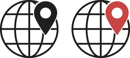 World globe with GPS location pin icons, Red and black global navigation symbols for international travel and tracking, Earth map pointer graphics for web ui and logistics design vector illustration.