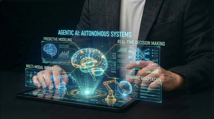 Businessman interacting with ai hologram in office, Concept of artificial intelligence, chatbot, virtual assistant, and generative AI technology.