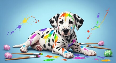 Dalmatian Puppy Covered in Rainbow Paint