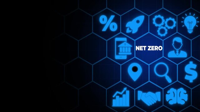 Net zero and carbon neutral concept. Net zero greenhouse gas emissions target. Climate neutral long term strategy. Businessman showing net zero on tablet with decarbonization icon on smart background.