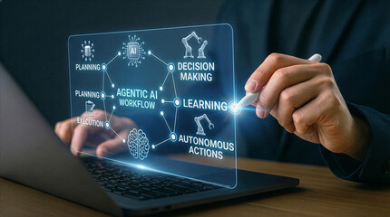 Businessman interacting with ai hologram in office, Concept of artificial intelligence, chatbot, virtual assistant, and generative AI technology.