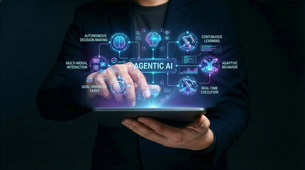 Businessman interacting with ai hologram in office, Concept of artificial intelligence, chatbot, virtual assistant, and generative AI technology.