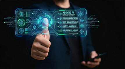 Businessman interacting with ai hologram in office, Concept of artificial intelligence, chatbot, virtual assistant, and generative AI technology.