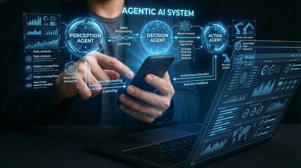 Businessman interacting with ai hologram in office, Concept of artificial intelligence, chatbot, virtual assistant, and generative AI technology.