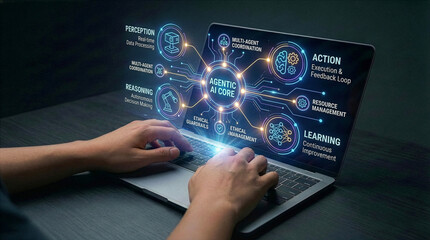 Businessman interacting with ai hologram in office, Concept of artificial intelligence, chatbot, virtual assistant, and generative AI technology.