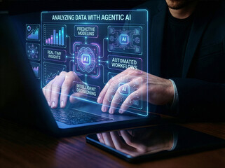 Businessman interacting with ai hologram in office, Concept of artificial intelligence, chatbot, virtual assistant, and generative AI technology.