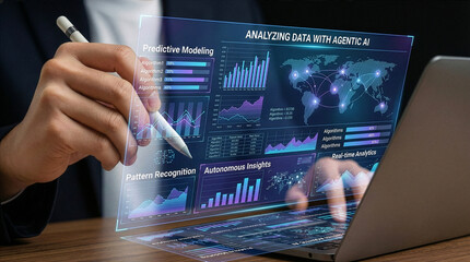 Businessman interacting with ai hologram in office, Concept of artificial intelligence, chatbot, virtual assistant, and generative AI technology.