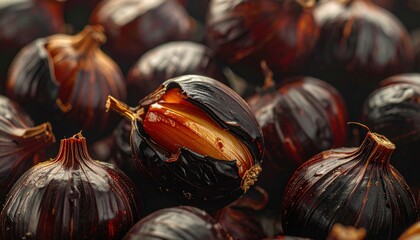 Close-up of Black Garlic Bulbs with One Bulb Open.