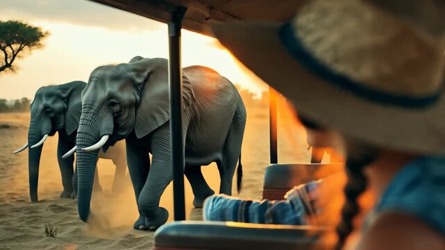 Joyful woman enjoys a safari adventure while watching elephants during a stunning sunset in the African savanna