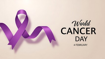 Purple ribbon and text world cancer day on a soft beige background illustration