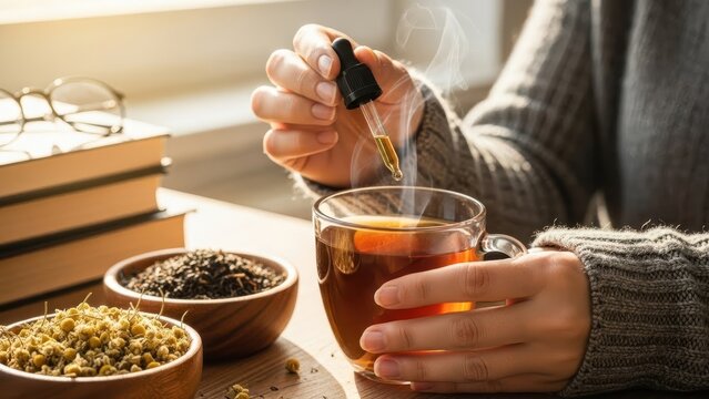 Person adding tincture to herbal tea
