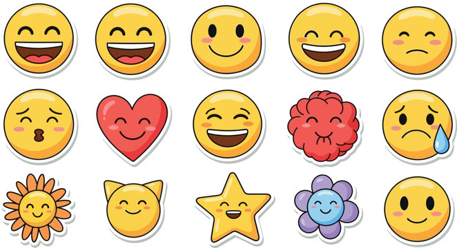 Colorful emoji set featuring various expressive faces in flat style