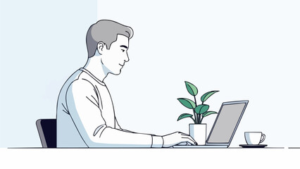 Man working on laptop computer at desk with coffee and plant.