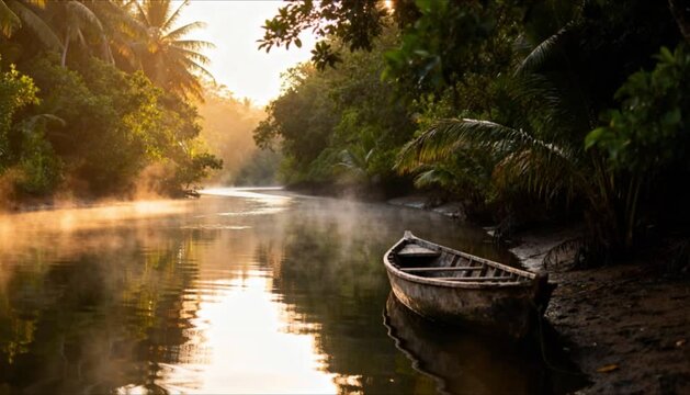 peaceful tropical backwater river scene with dense green vegetation and a wooden canoe at dawn perfect for world wetlands day