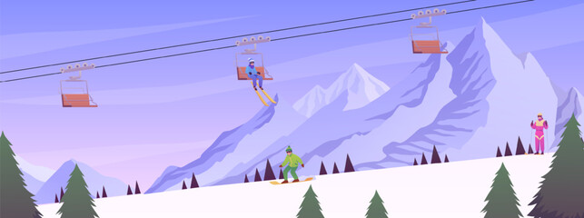 Snowy ski slope and ski lifts, pine trees on mountain background, vector people skiing and snowboarding, winter resort