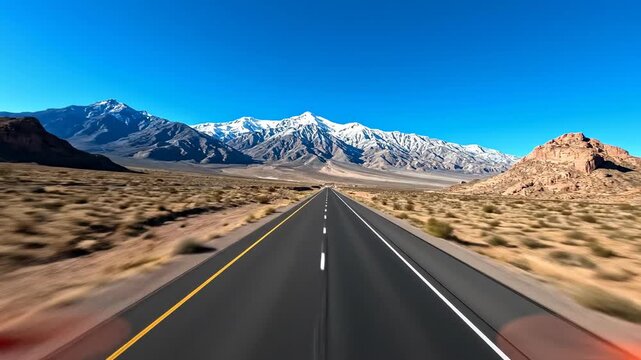 Sweeping drone aerial wide shot over an empty, pristine asphalt highway leading directly toward a dazzling, distant mountain landscape under clear blue skies open, inspiration, clear